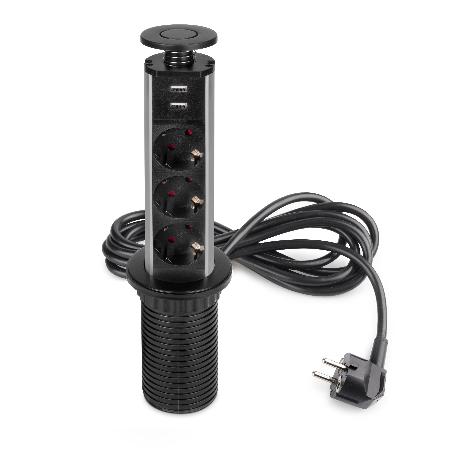  MULTICONECTOR EXTRAÍBLE VERTIKAL, 3 ENCHUFES TIPO SCHUKO, 2 USB TIPO A, PLÁSTICO Y ALUMINIO, PINTADO NEGRO