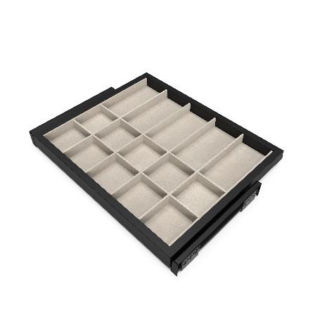  KIT DE CAJÓN ORGANIZADOR Y BASTIDOR DE GUÍAS CON CIERRE SUAVE PARA ARMARIO, REGULABLE, MÓDULO 600MM, NEGRO TEXTURI