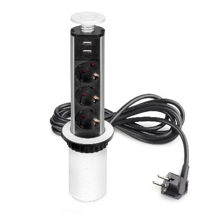  MULTICONECTOR EXTRAÍBLE VERTIKAL, 3 ENCHUFES TIPO SCHUKO, 2 USB TIPO A, PLÁSTICO Y ALUMINIO, PINTADO BLANCO