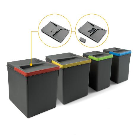 EMUCA CONTENEDORES PARA CAJÓN DE COCINA RECYCLE CON TAPA ANTI OLORES, ALTURA 266, 2X15LITROS, 2X7LITROS, PLÁSTICO G